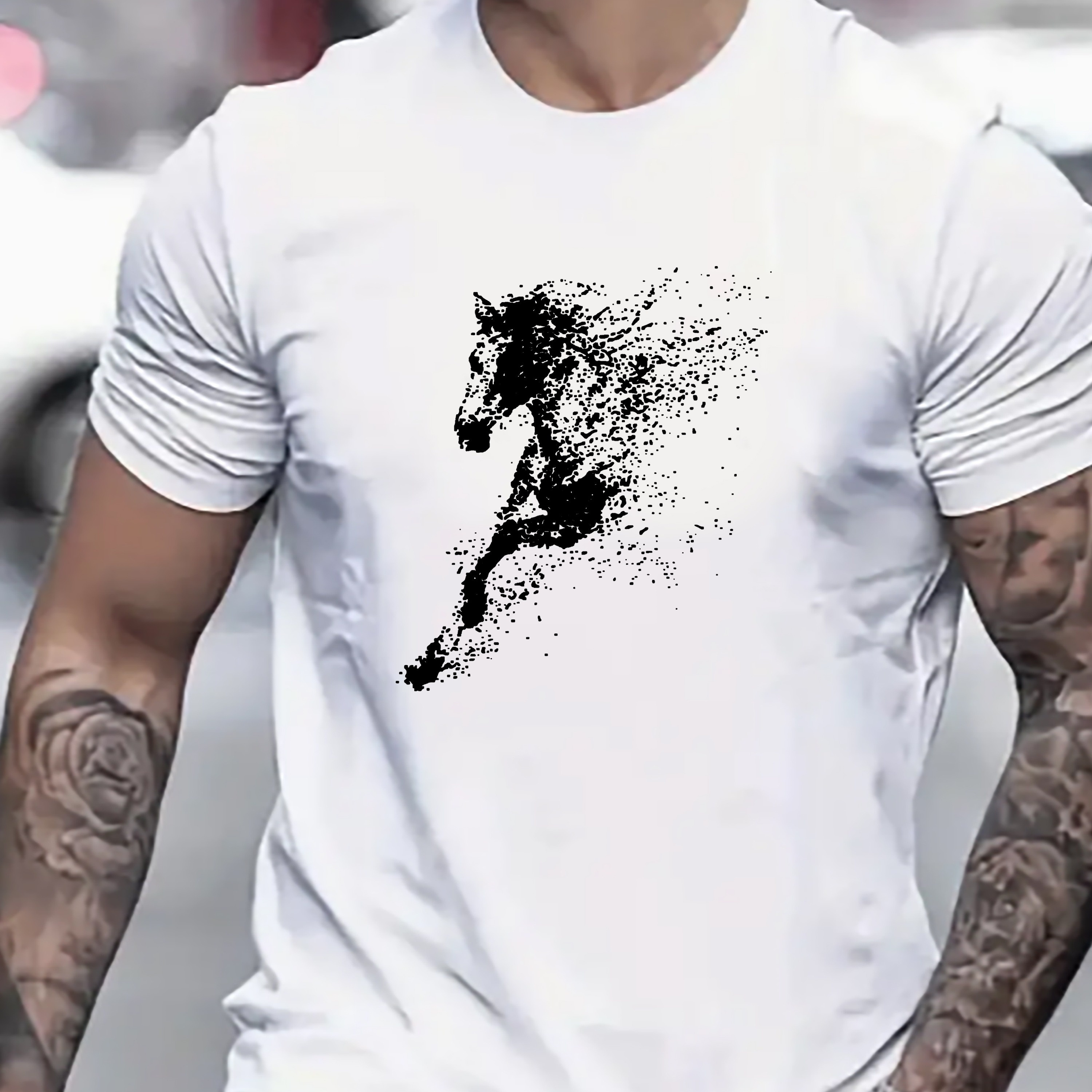 

Horse Creative Print Men's Casual T-shirt, Summer Fashion Crew Neck Short Sleeve Top, Modern Streetwear Style For Men