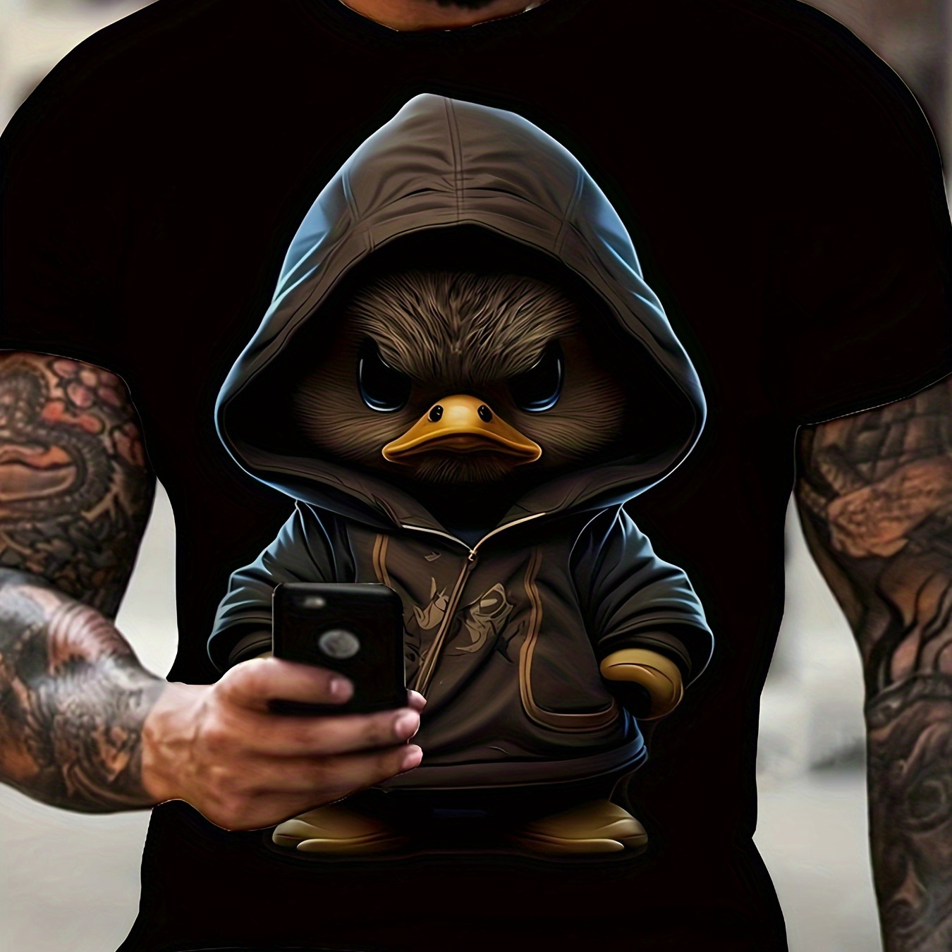 

3d Digital Angry Duck With Hoodie Pattern T-shirt With Crew Neck And Short Sleeve, Novel And Stylish Comfy Tops For Men's Summer Street Wear