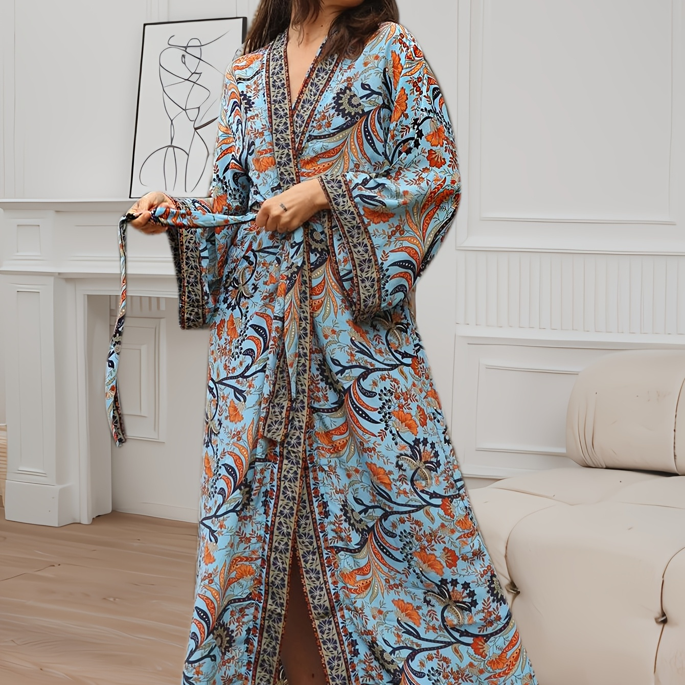 

Bohemian Size 's Bathrobe With Full V-neck And Belted Waist