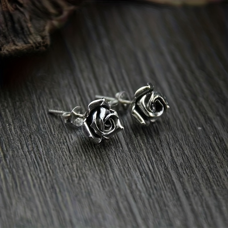 

2pcs/pair Retro Trendy Stud Earrings With 3d Silvery Rose For Men And Women