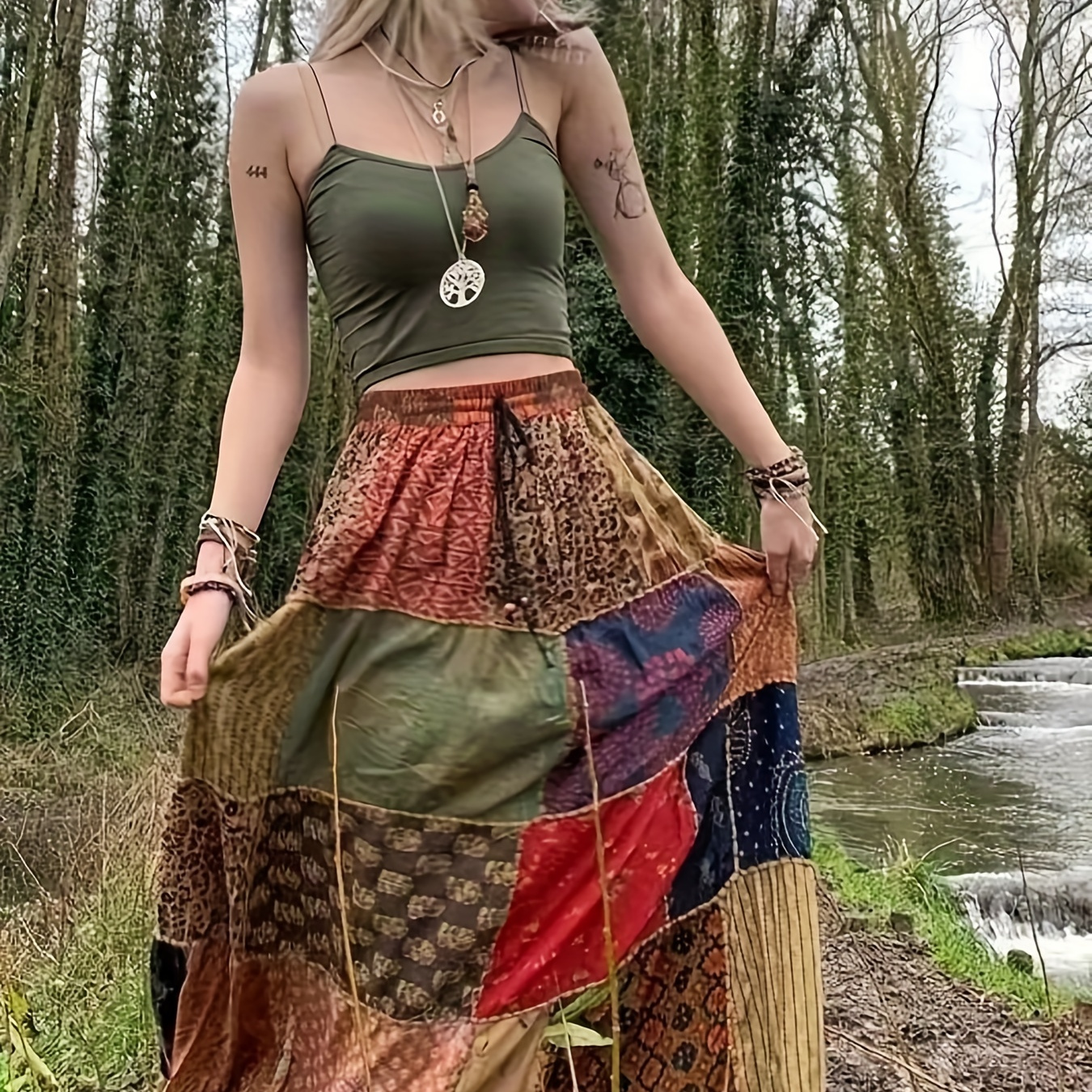 Plus Size Solid Color Side Knot Layered Maxi Skirt, Women's Plus Slight