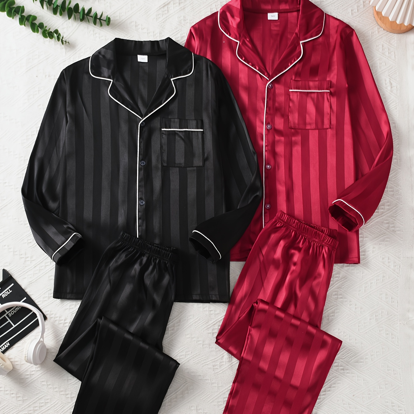 

2 Sets Of Teenagers' Striped Silk Pajamas, Two-piece 2024 Fashion Collar With Chest Pocket, Long Sleeve And Long Pants, Set