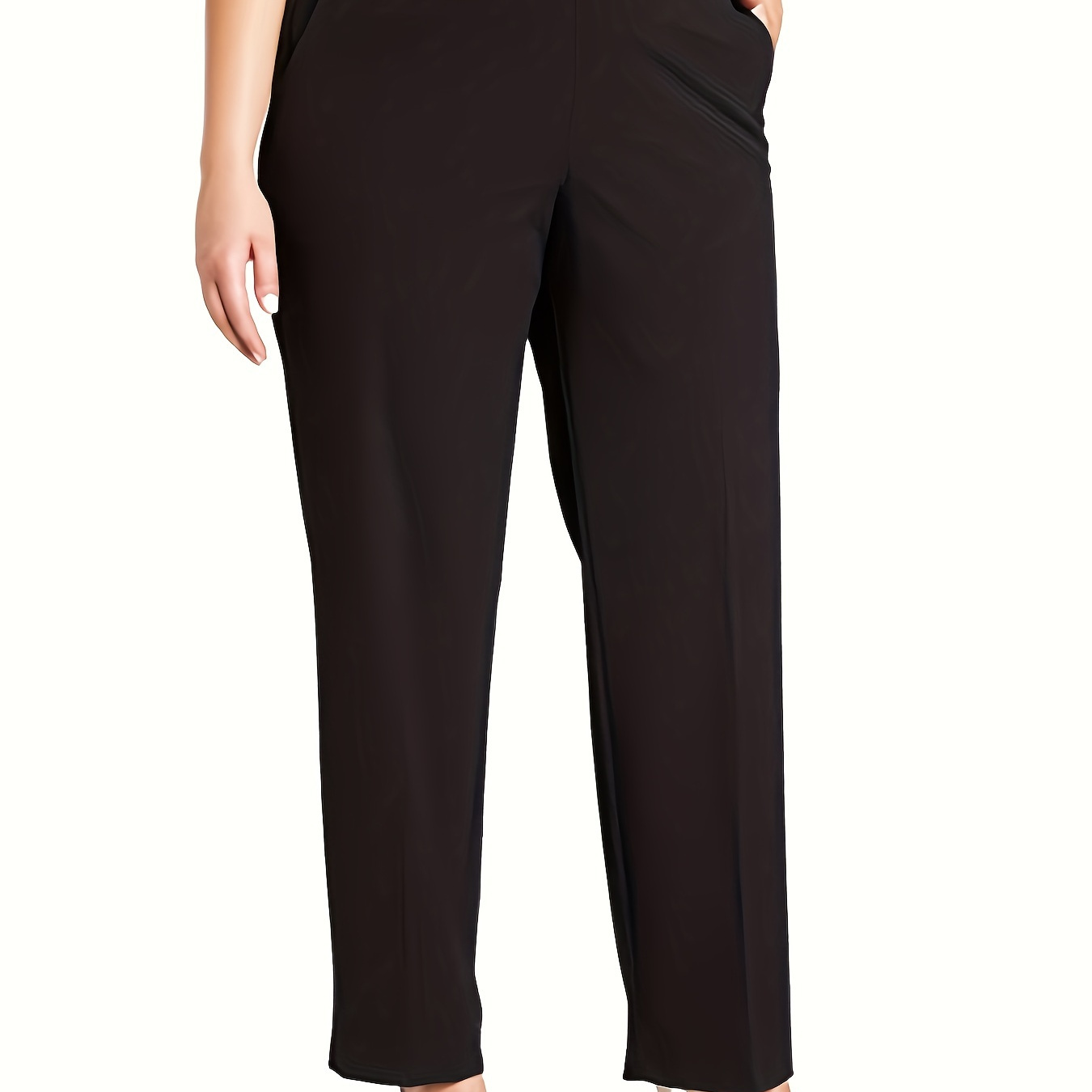 

Size Straight-leg Pants For Women - High Waist, Stretchy Polyester With Pockets, Solid Color, Spring/fall