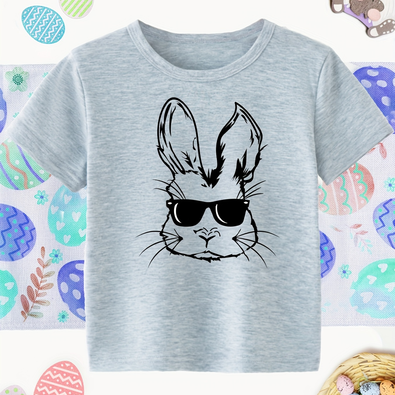 

Boys Easter Bunny Wearing A Pair Of Sunglasses T-shirt Tee Top Short Sleeves Crew Neck Summer Casual Kids Clothes