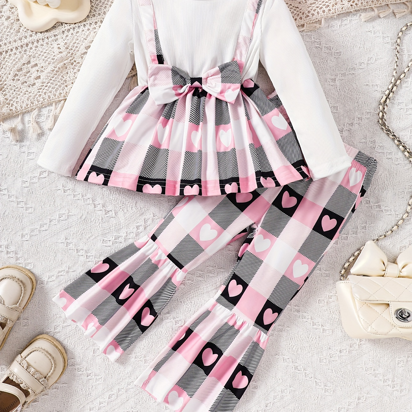 

1 Set 's & Hearts Graphic Bowknot Long Sleeve Top + -bottom Trousers Co-ords Set, Sweet & Outfit For / Fall & Hanging Out