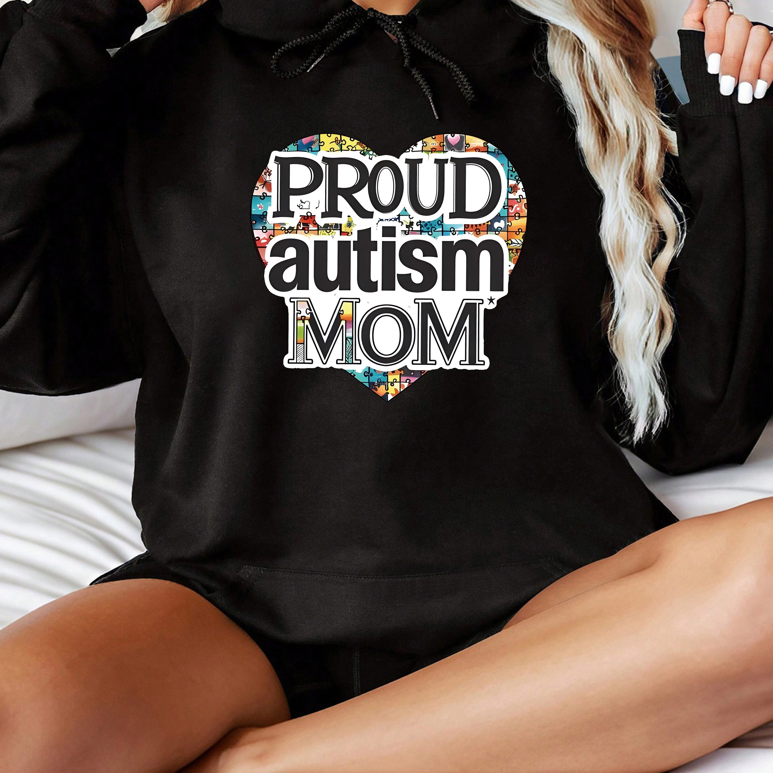 

Proud Autism Mom Print Hoodie, Casual Long Sleeve Kangaroo Pocket Drawstring Hoodie Sweatshirt, Women's Clothing