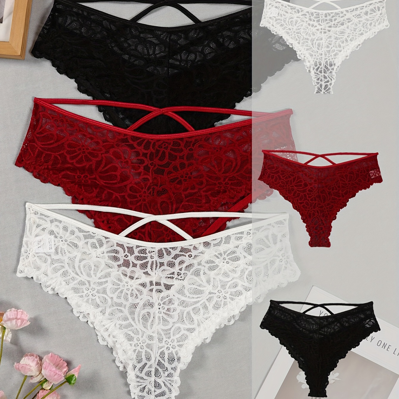 

3pcs Plus Size Sexy Panties, Women's Floral Lace Strap Mid Waist Semi Sheer Briefs