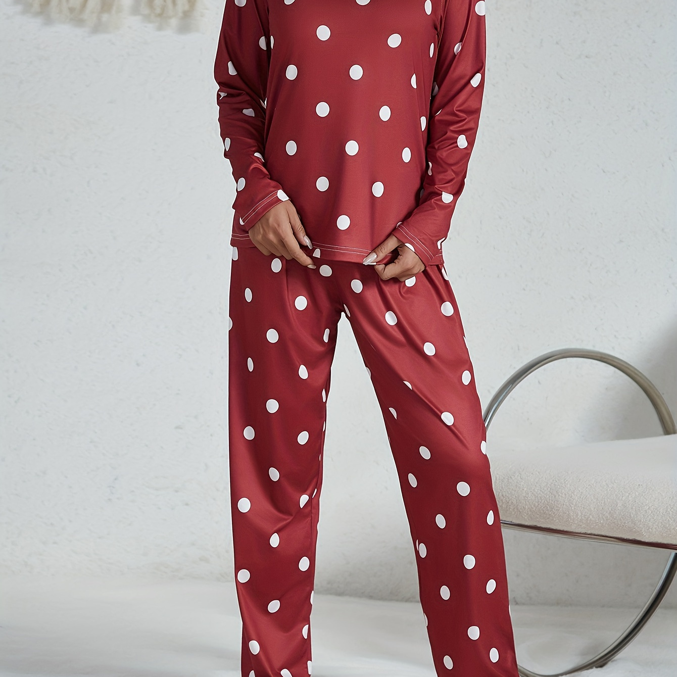 

Casual Polka Dots Print Pajama Set, Long Sleeve Round Neck Top And Pants Pj Set, Women's Sleepwear & Loungewear
