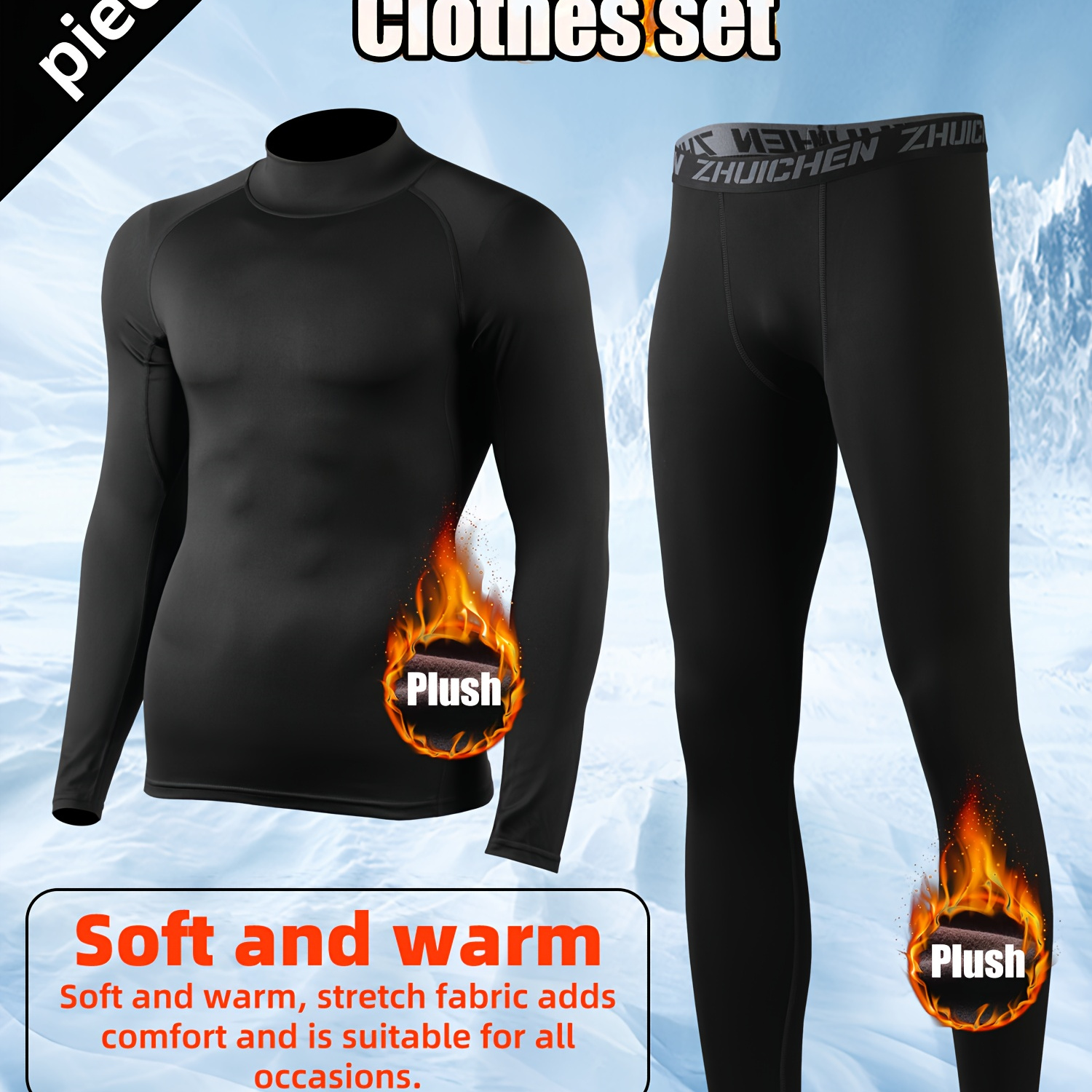 

Men's Fleece-lined Thermal Activewear Set - High Neck Long Sleeve Top & Leggings For Running, Gym, And Outdoor Activities - Fall/winter