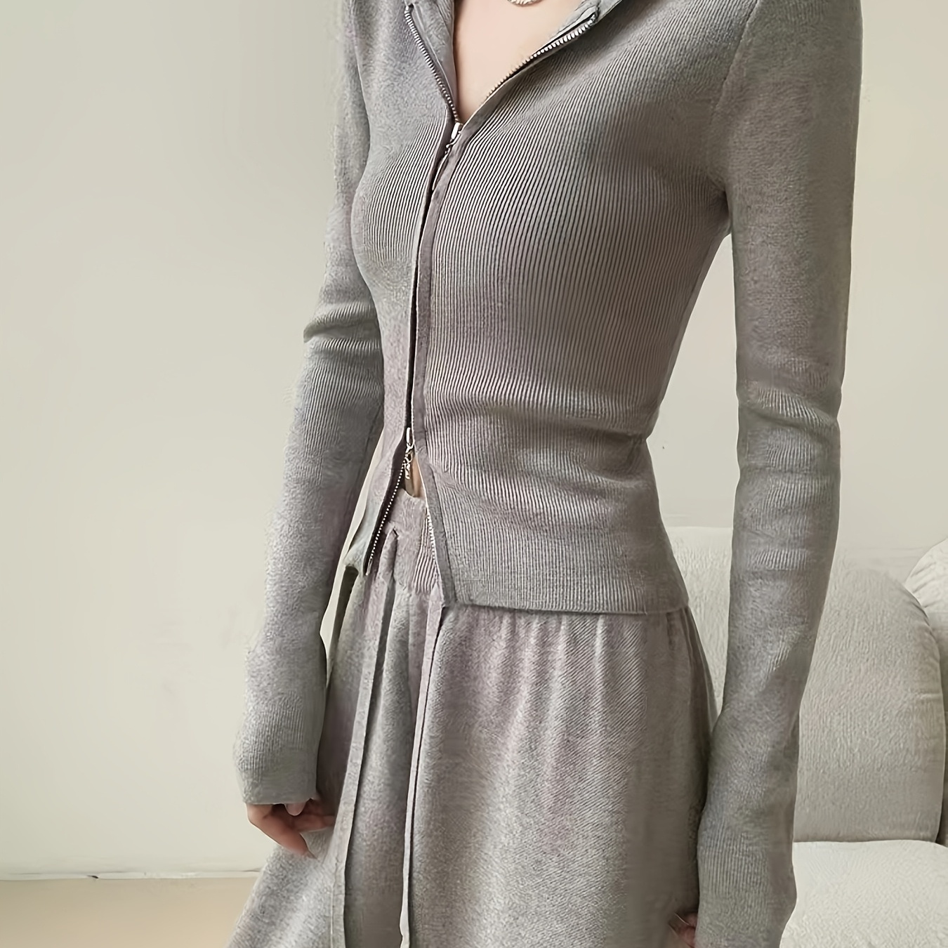 

Women's Casual Sporty Knit Two-piece Set: Black Zip-up Hooded Sweater Jacket & Wide-leg Pants - Polyester, Long Sleeves, Tie Waist - Fall/winter