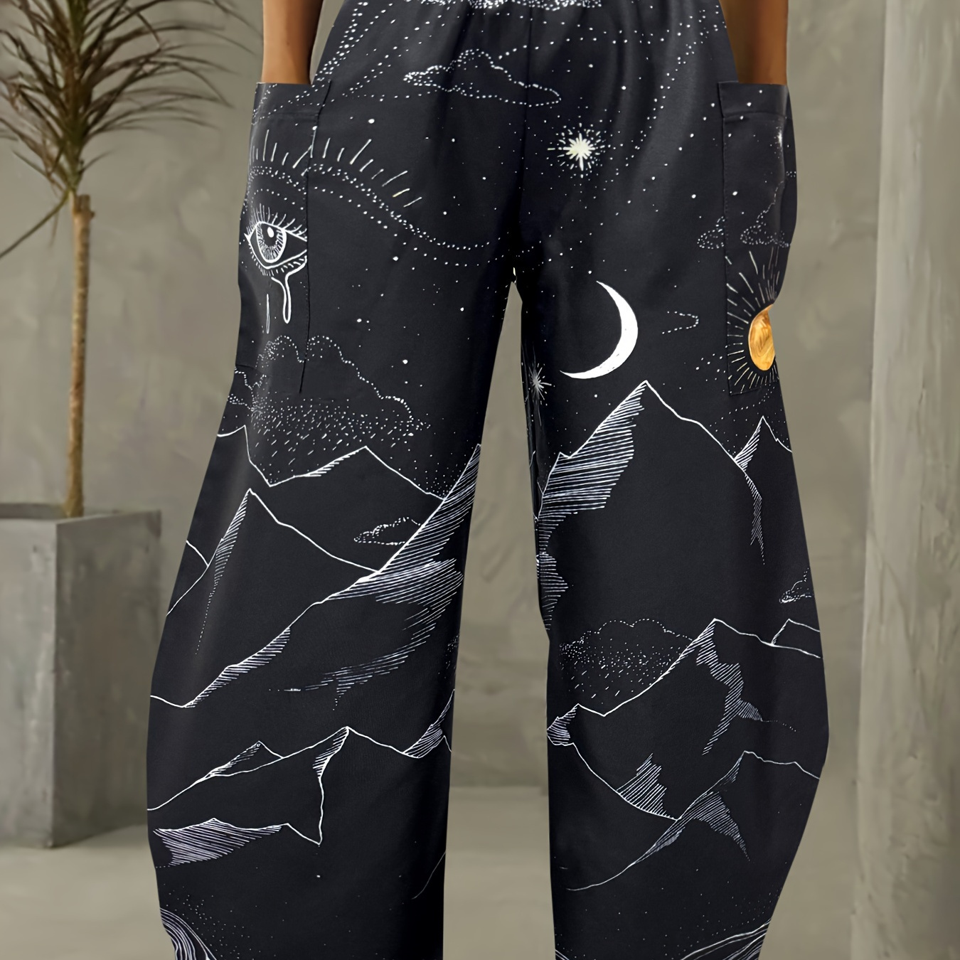 Starry Sky Print Patched Pocket Pants, Casual Wide Leg Pants For Spring &  Summer, Women's Clothing