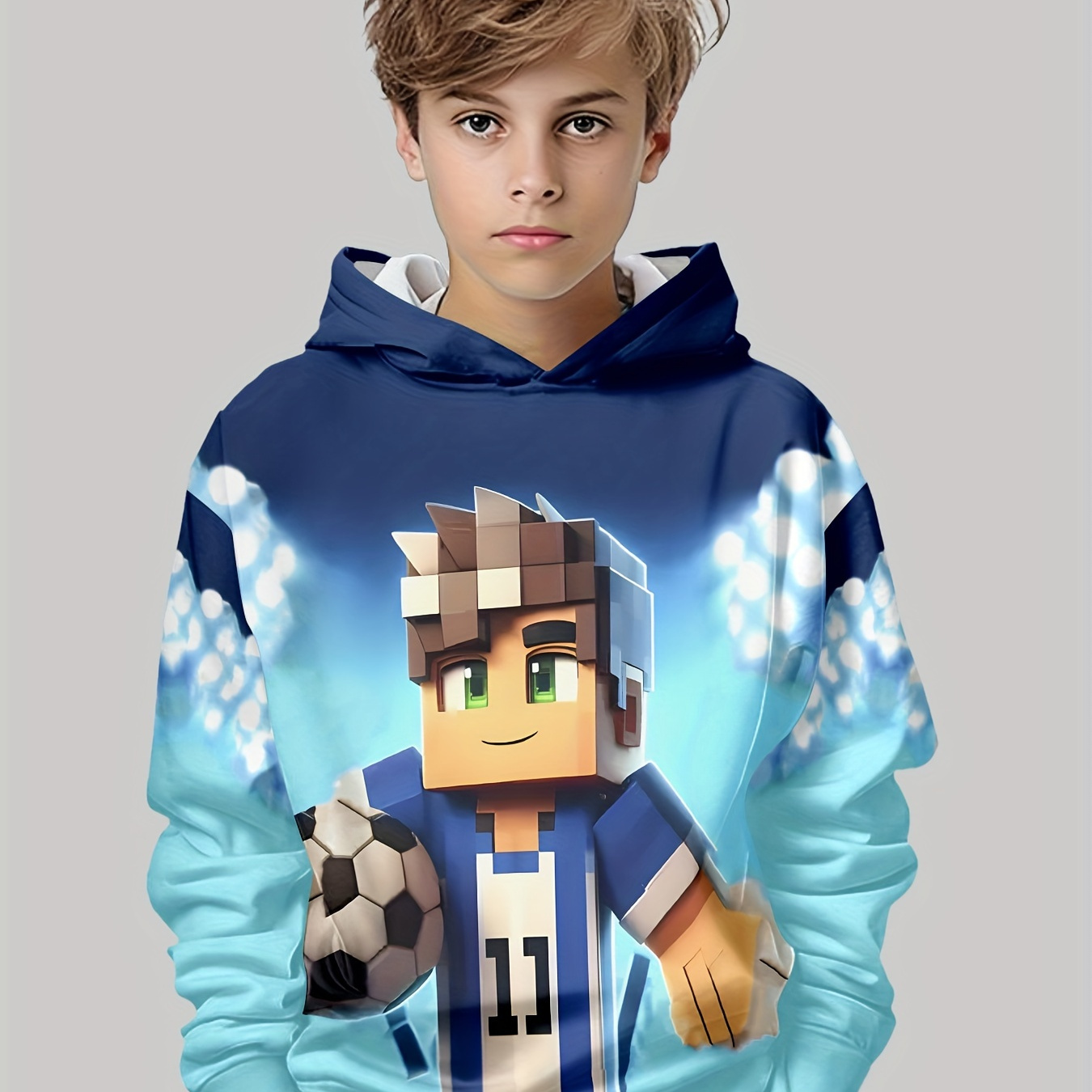 

Youth Soccer-themed 3d Character Print Hoodie - Casual Crew Neck Pullover With Long Sleeves, Polyester Spandex , Slight Stretch, Fall/