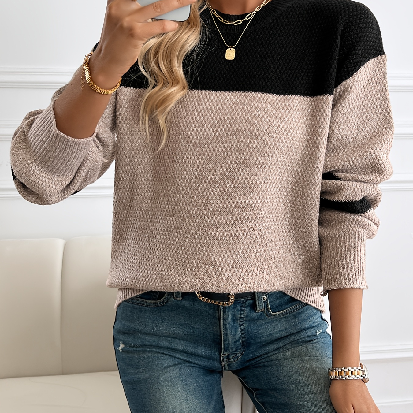 

Crew Neck Knit Sweater, Casual Long Sleeve Pullover Sweater, Women's Clothing