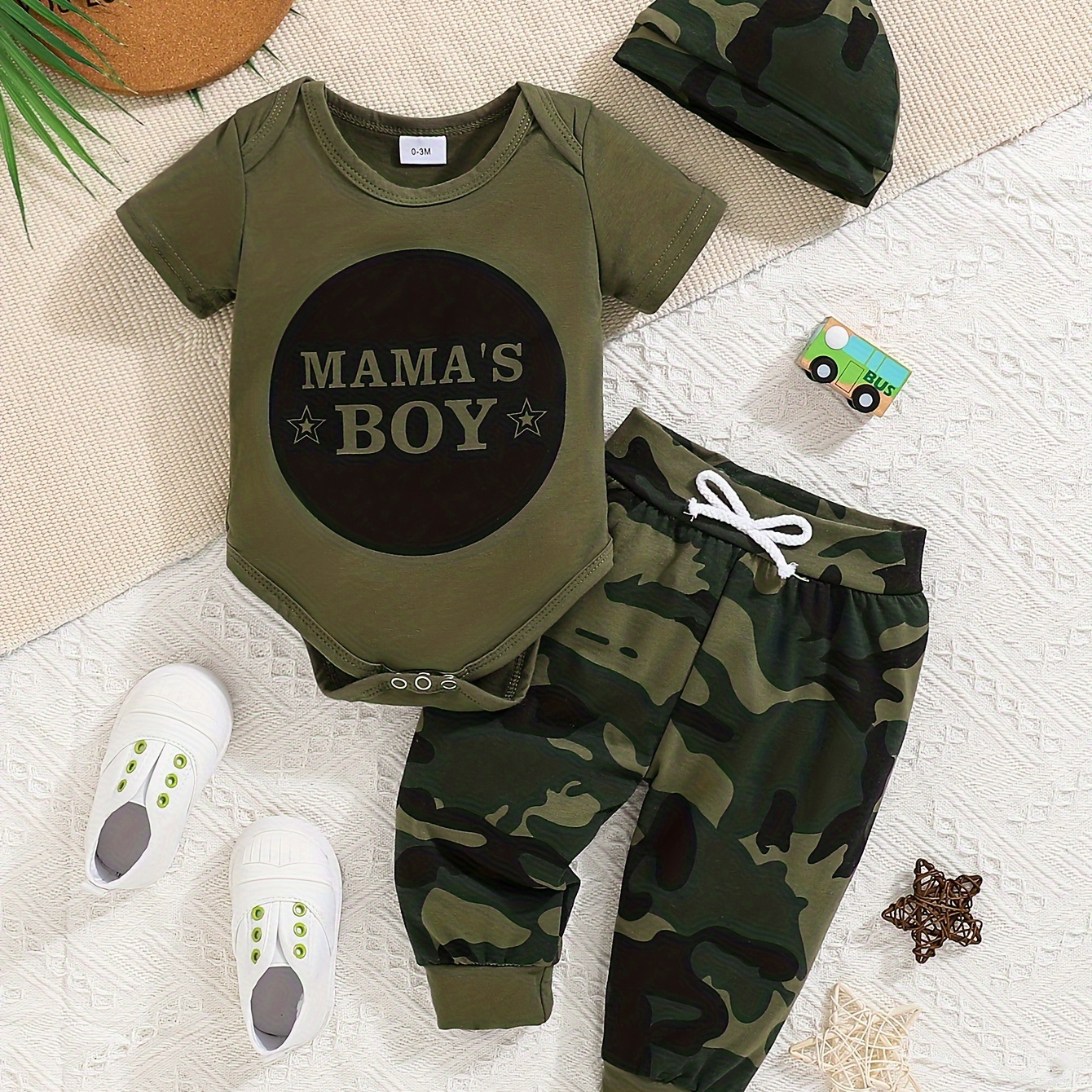 

2pcs Baby Girls Boys Cotton Outfit Set, Camo Print Long Pants With Coordinating Short Sleeve "mama's Boy" Bodysuit And Matching Hat, Casual Style, Infant Fashion Clothing Set