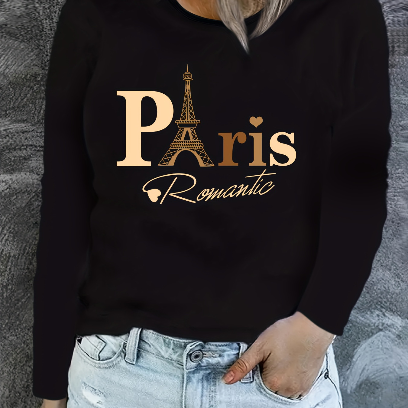 

Women's Long Sleeve T-shirt, Paris Eiffel Tower Graphic, Casual Round Neck, Polyester, Cartoon Print, Loose Fit, Knit Fabric, Autumn/winter Fashion Top