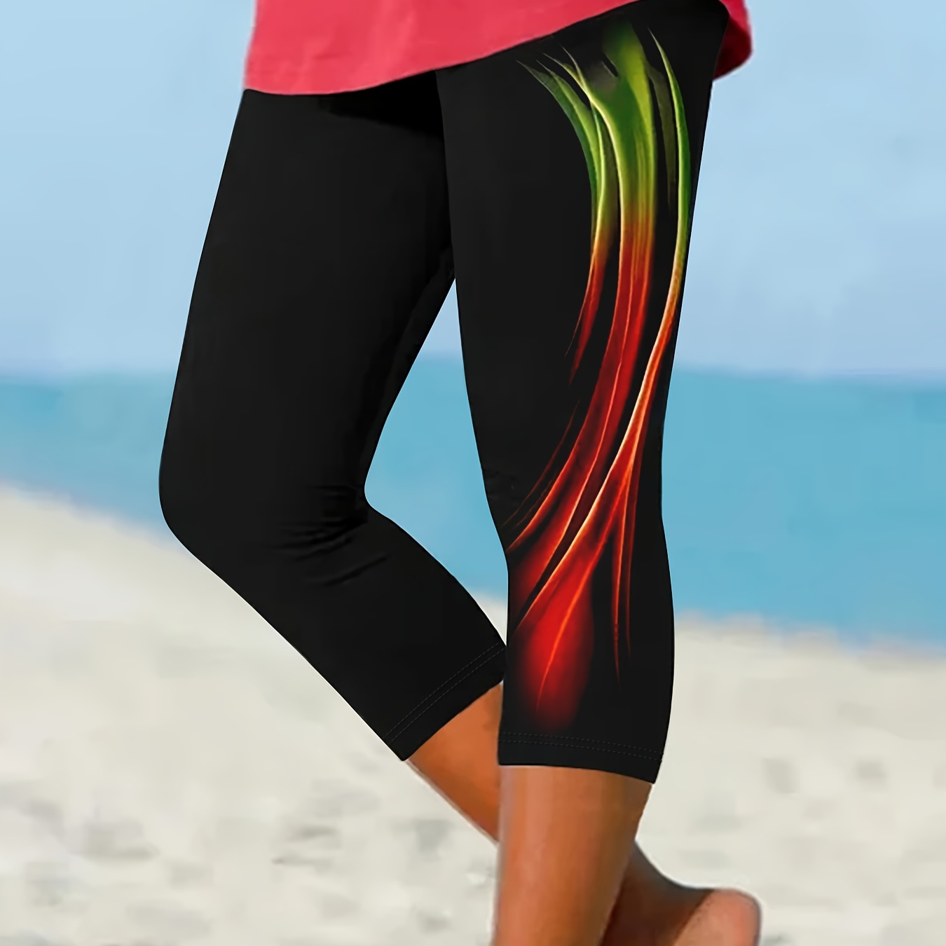 

Color Block Skinny Capri Leggings, Casual Elastic High Waist Stretchy Leggings For Spring & Summer, Women's Clothing