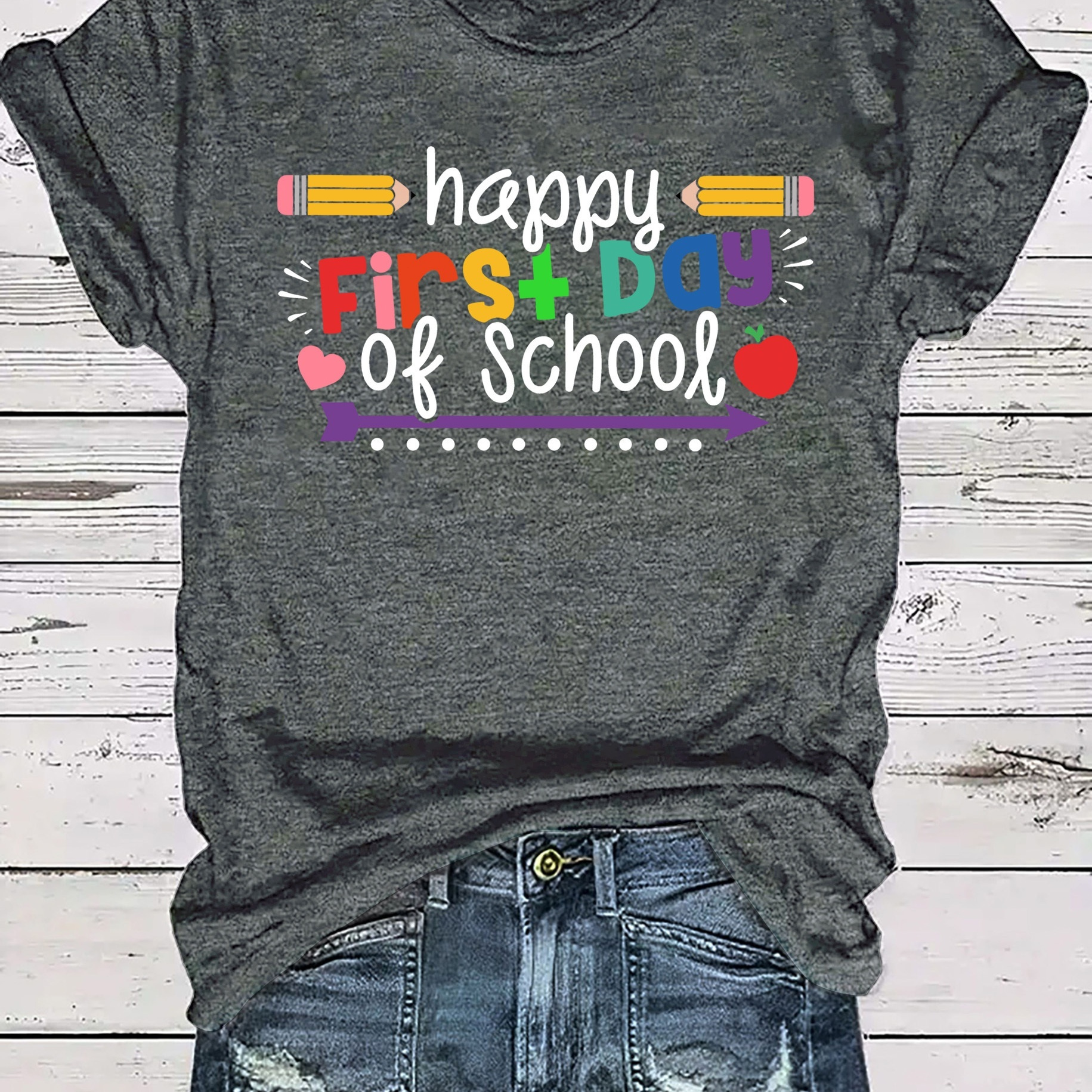 

Pencil Print Crew Neck T-shirt, Casual Short Sleeve T-shirt For Spring & Summer, Women's Clothing
