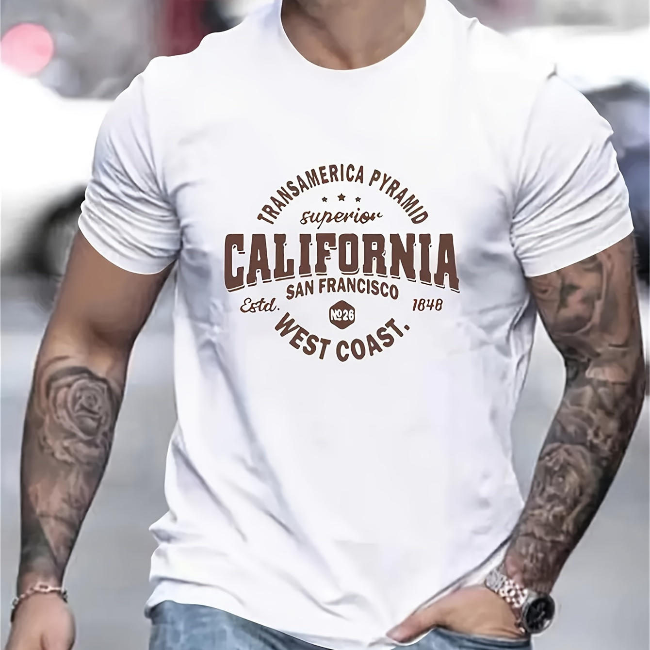 

Men's Casual Crew Neck T-shirt, California Print, 95% Polyester 5% Elastane, Slight Stretch Knit Fabric, Regular Fit, Summer Fashion Top, 180gsm - Adult