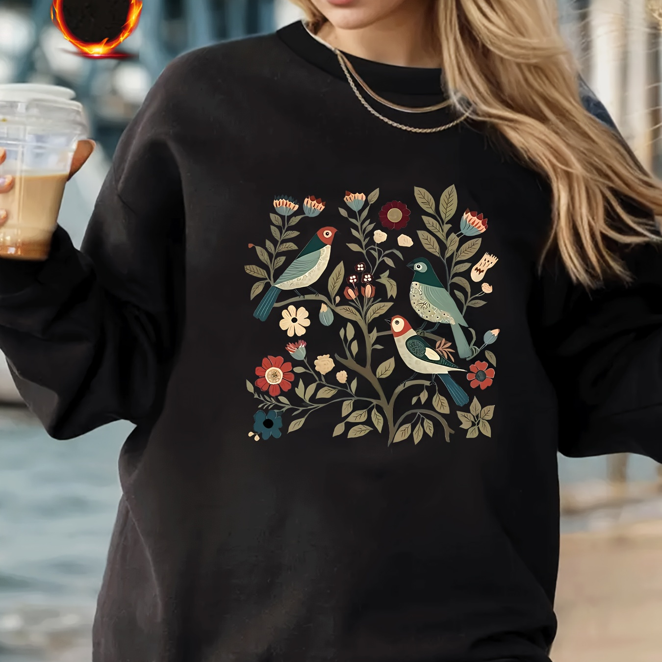 

Cozy Fleece-lined Women's Sweatshirt With Oil Painting Print - Casual Crew Neck Pullover In Black, Pink, Burgundy, Grey, Apricot - Long Sleeve, Machine Washable