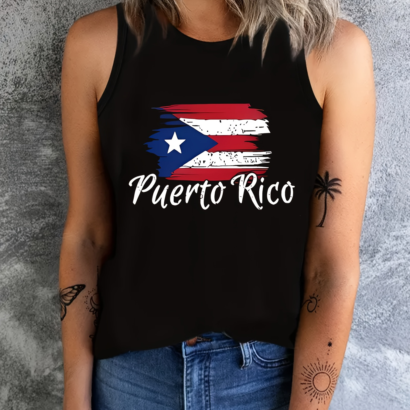 

Women's Sleeveless Tank Top, Puerto Rico Flag Print, Casual Sports Style, Breathable Comfort Fit