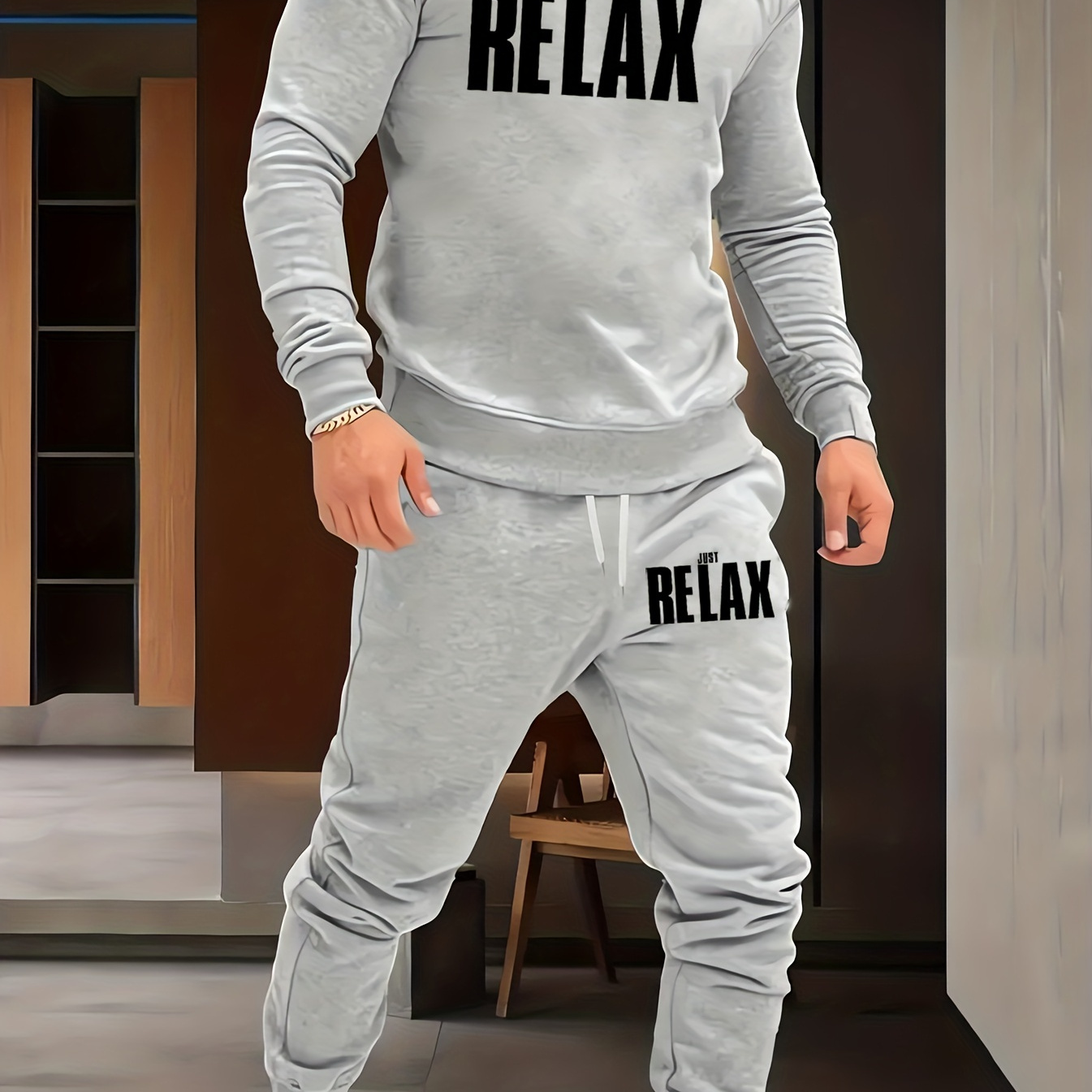 

Relax Print, Men's 2pcs Outfits, Casual Crew Neck Long Sleeve Pullover Sweatshirt And Drawstring Sweatpants Joggers Set For Spring Fall, Men's Clothing