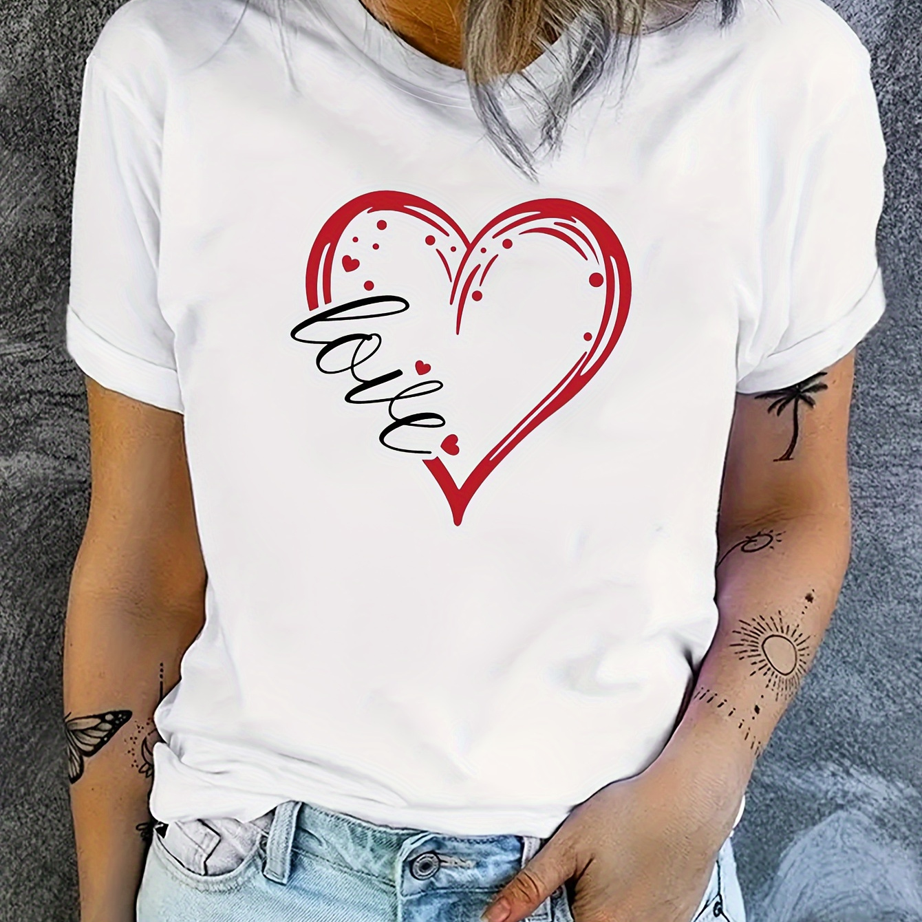 

Love Heart Print T-shirt, Casual Crew Neck Short Sleeve Daily Top, Women's Clothing