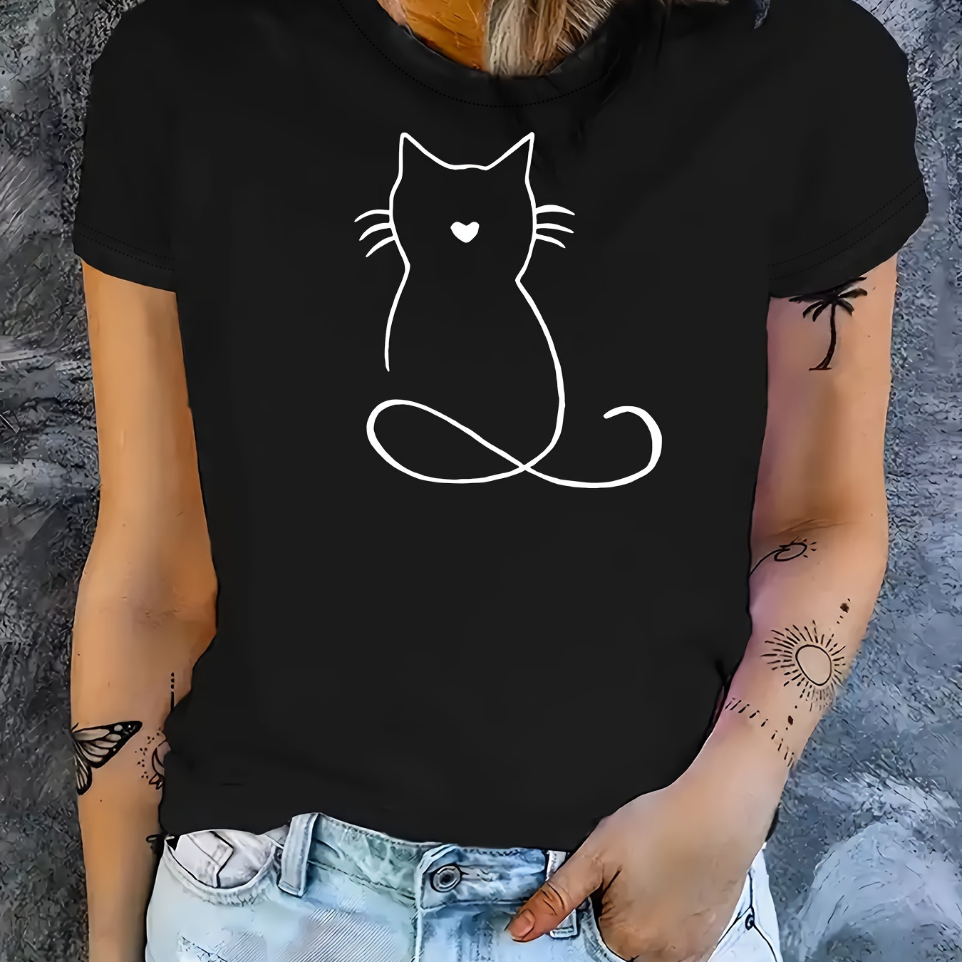 

Plus Size Cat Print T-shirt, Casual Crew Neck Short Sleeve T-shirt, Women's Plus Size clothing