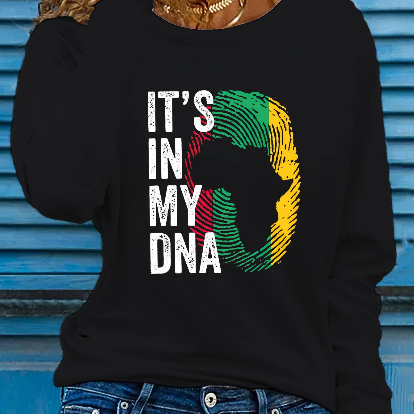 

African Map Print T-shirt, Long Sleeve Crew Neck Casual Top For Spring & Fall, Women's Clothing