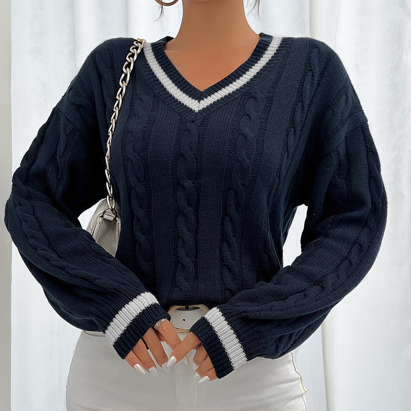 

Cable Knit Contrast Trim Sweater, Preppy Lantern Sleeve V-neck Drop Shoulder Knitted Top, Women's Clothing