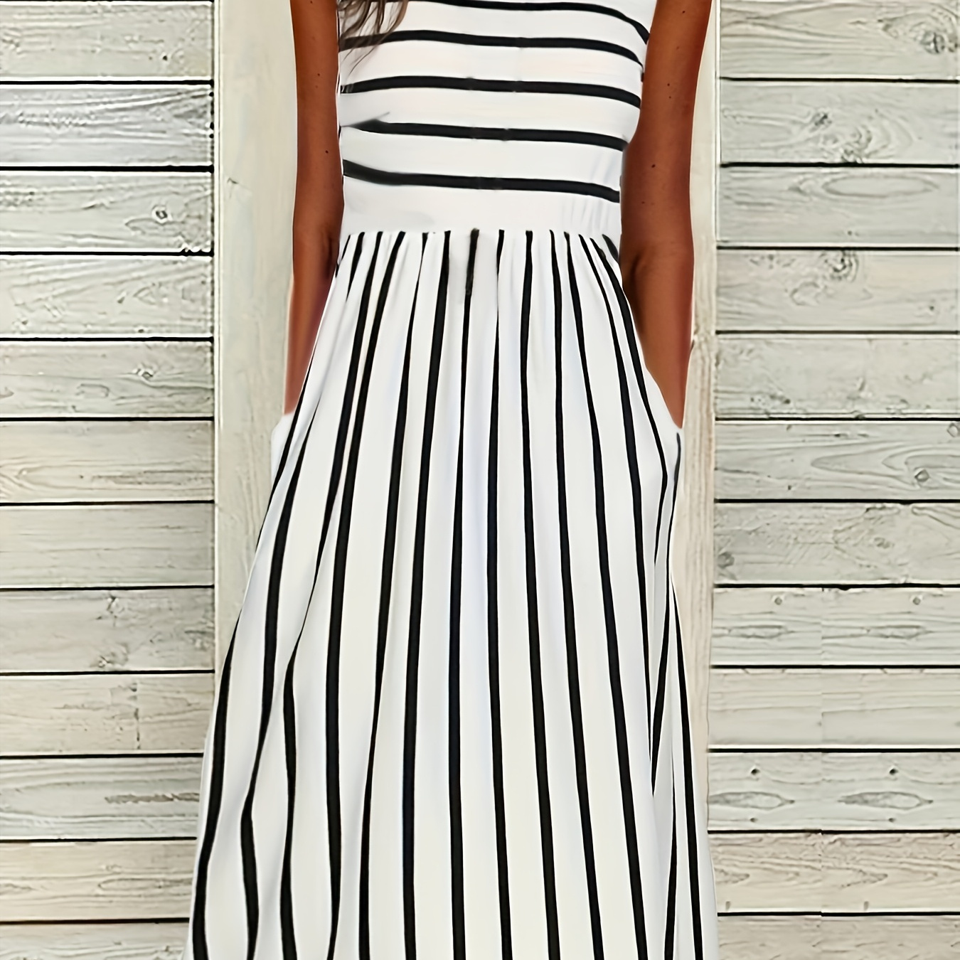 

Striped Print Vest Dress, Spring/summer Casual Round Neck Sleeveless Dress, Women's Clothing