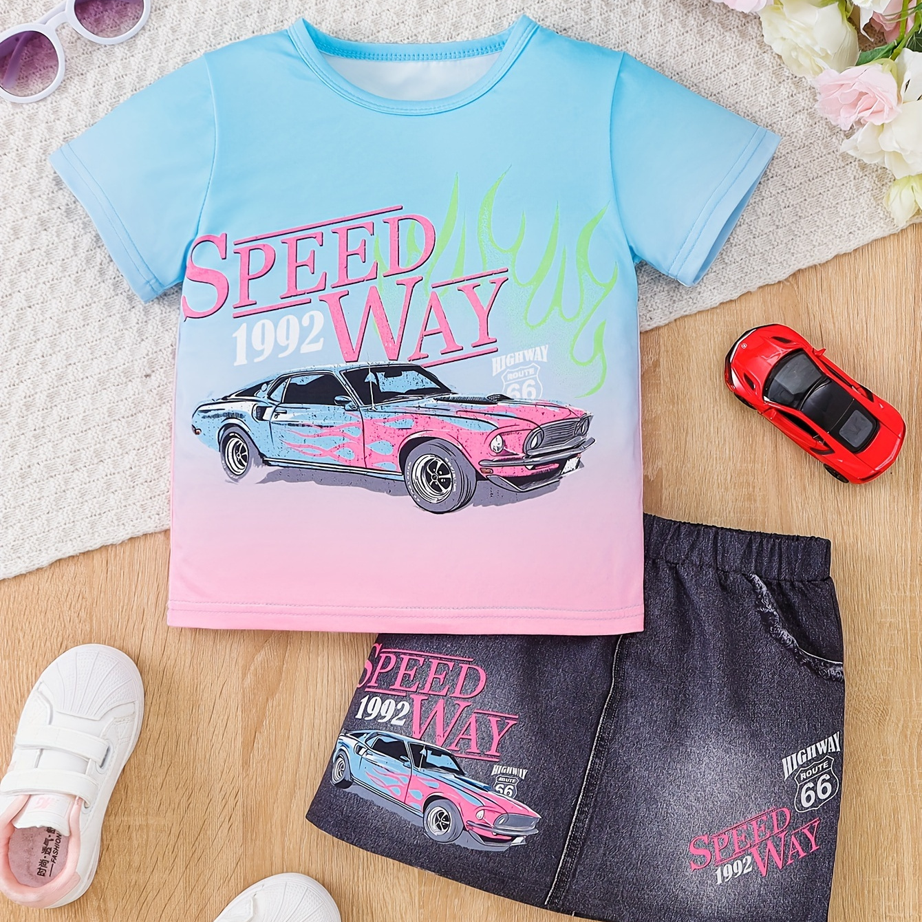 

2pcs, Gradient Color Print Race Car Graphic Short Sleeve Crew Neck T-shirt + Imitation Denim Shorts Set For Girls, Comfy And Trendy Holiday Set Summer Gift