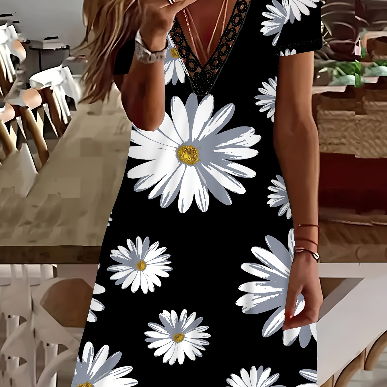 

Plus Size Floral Print Dress, Casual Lace Trim V Neck Short Sleeve Dress, Women's Plus Size clothing