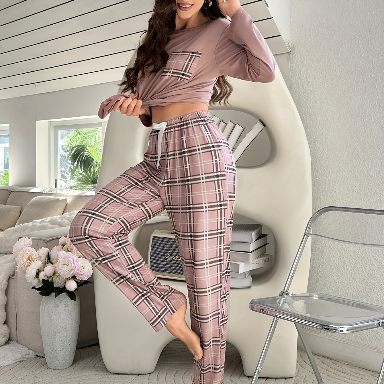 

Casual Print Pajamas Set, Long Sleeve Crew Neck Top & Pants, Women's Sleepwear & Loungewear For Fall/ Winter