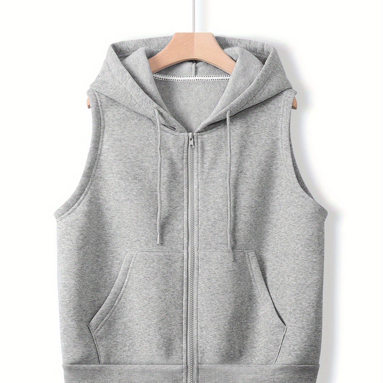 

Zipper Sleeveless Kangaroo Pocket Hoodie, Casual Drawstring Hoodies Sweatshirt, Women's Clothing