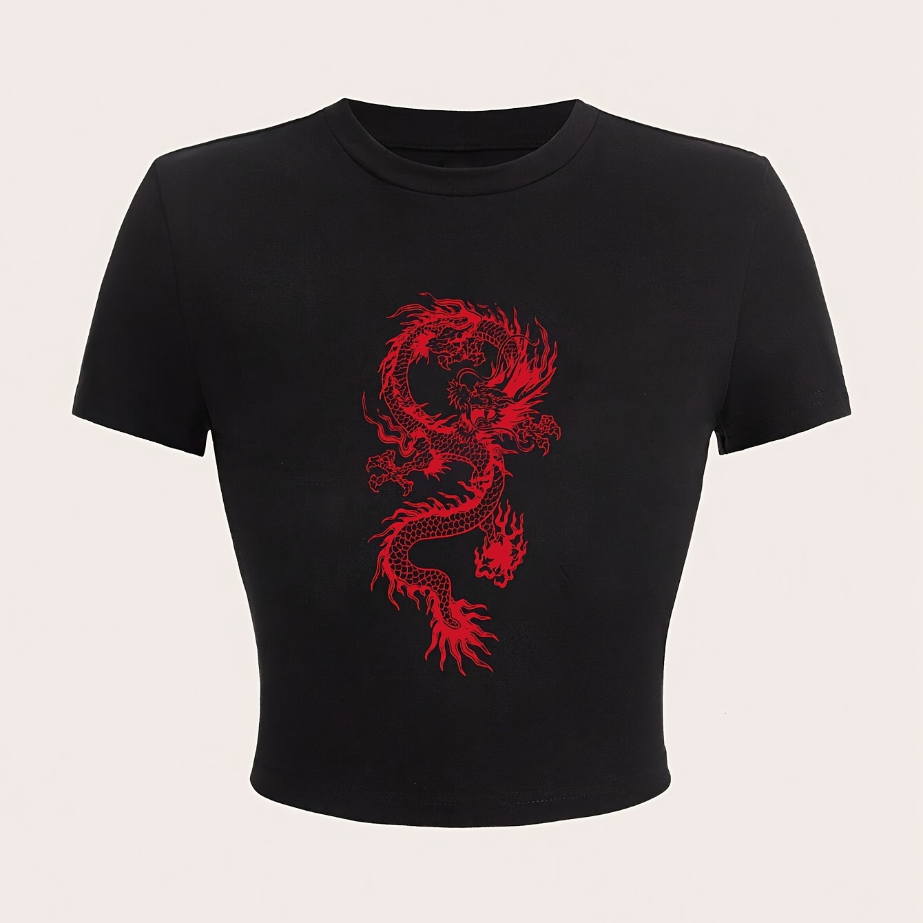 

Women's Y2k Style Dragon Print T-shirt, 95% Polyester 5% Elastane, Crew Neck, Short Sleeve, Knit Fabric, Lightweight Summer Top, Animal Pattern, 180gsm - Black