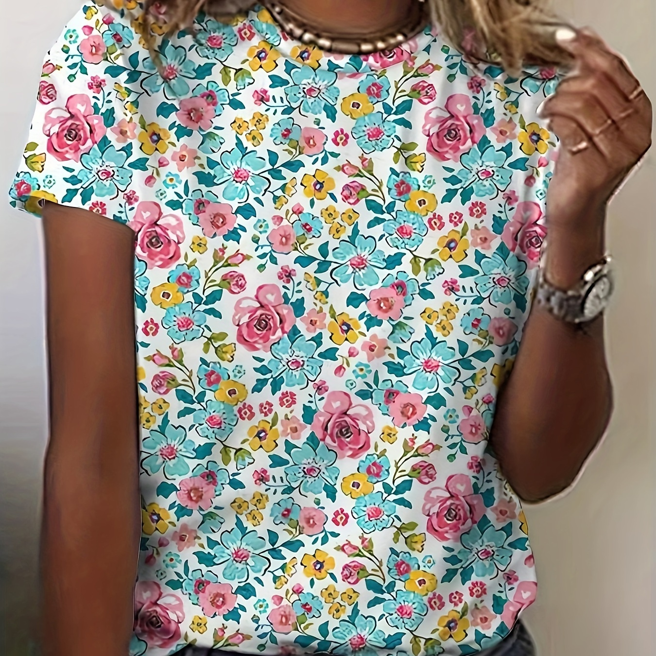 

Floral Print Crew Neck T-shirt, Casual Short Sleeve T-shirt For Spring & Summer, Women's Clothing