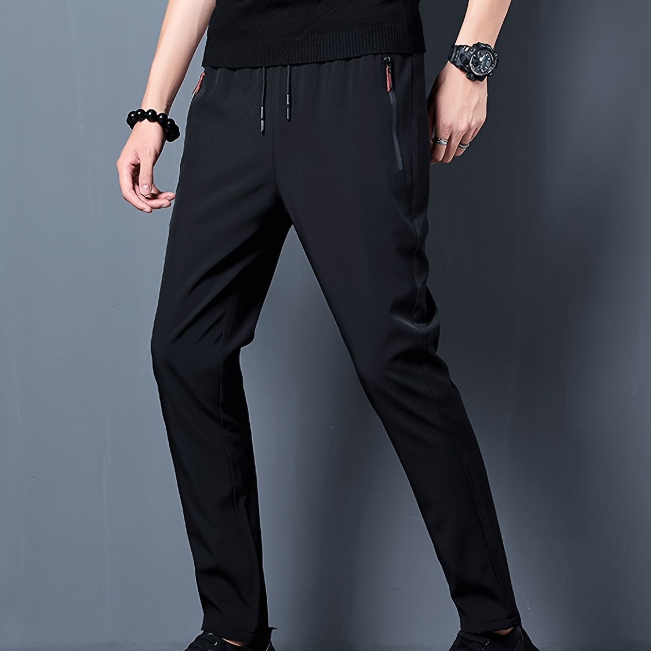 

Men's Solid Track Pants With Zipper Pockets, Casual Drawstring Pants For Outdoor Activities Gift