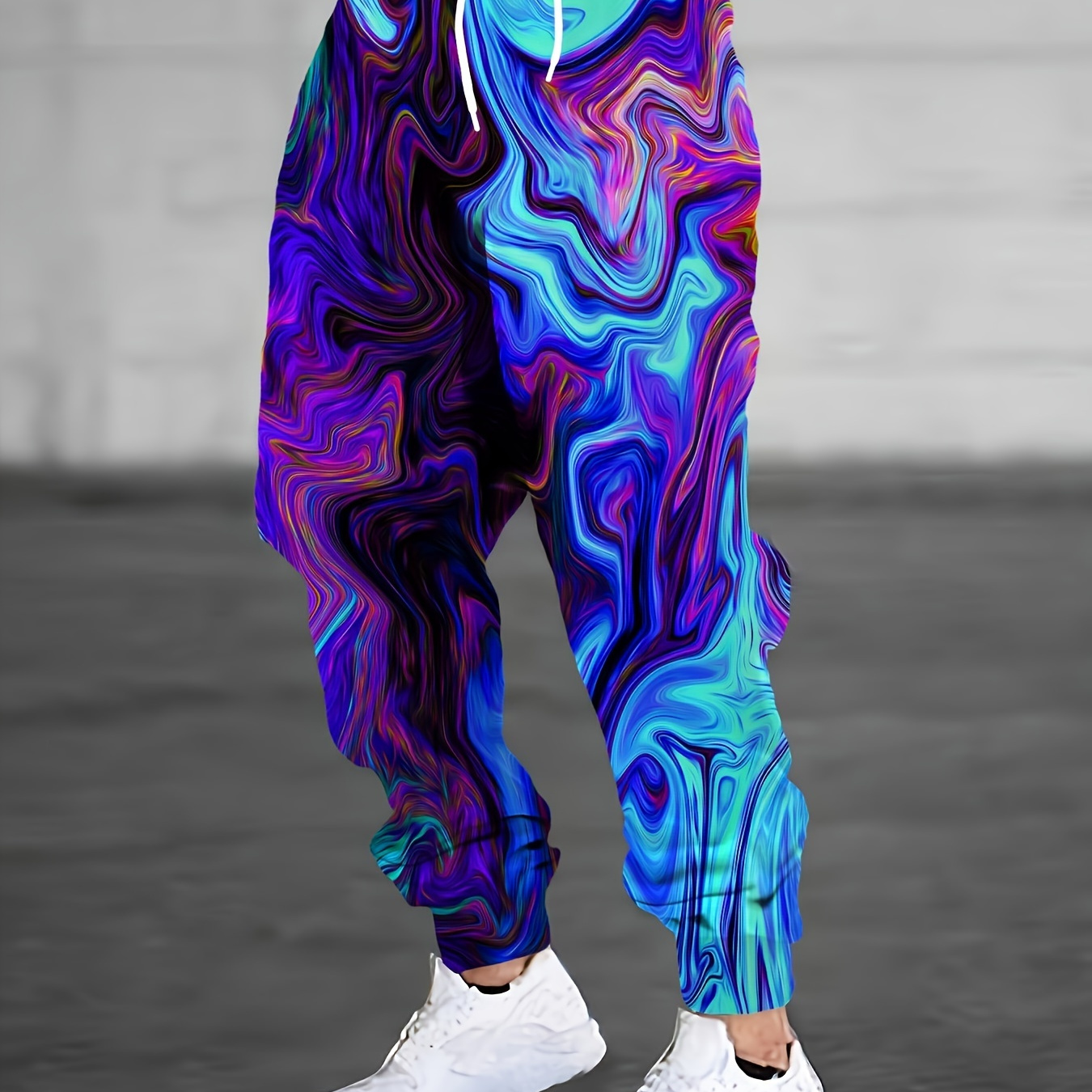 

Men's Casual Pants With Drawstring And Stylish Vibrant Print, Street Style For Sport And Casual Wear