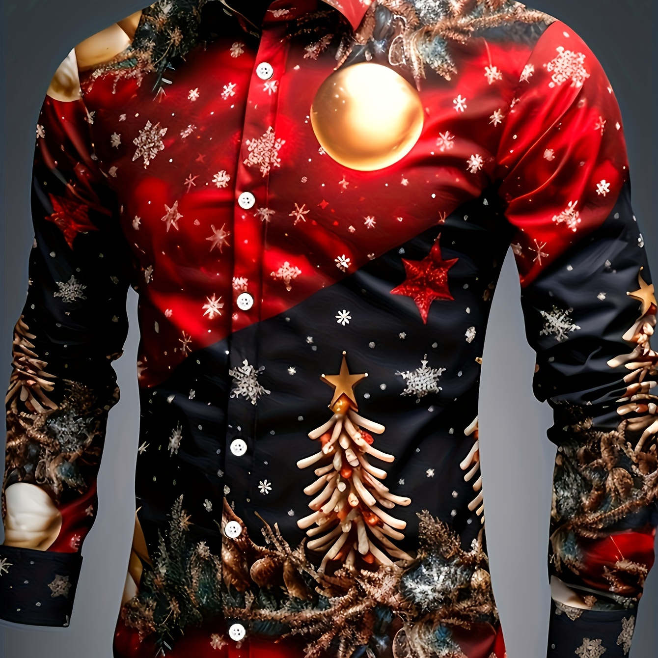 

1pc Men's Christmas Tree Print Long Sleeve Casual Shirt, Polyester Fabric With Button , Regular Fit, Crew Neck, For Adults - Holiday Top For Spring/autumn