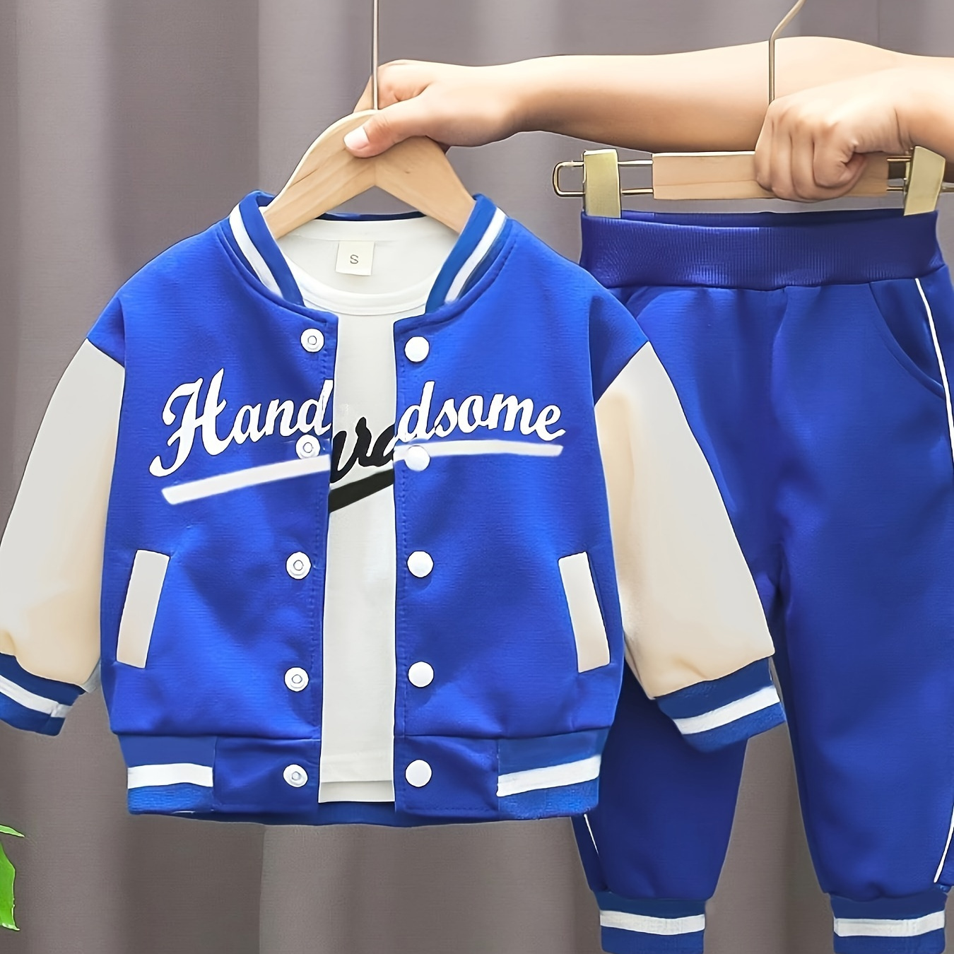 

2pcs Boy's "handsome" Print Varsity Jacket Outfit, Color Clash Jacket & Casual Pants Set, Kid's Clothes For Fall Winter, As Gift