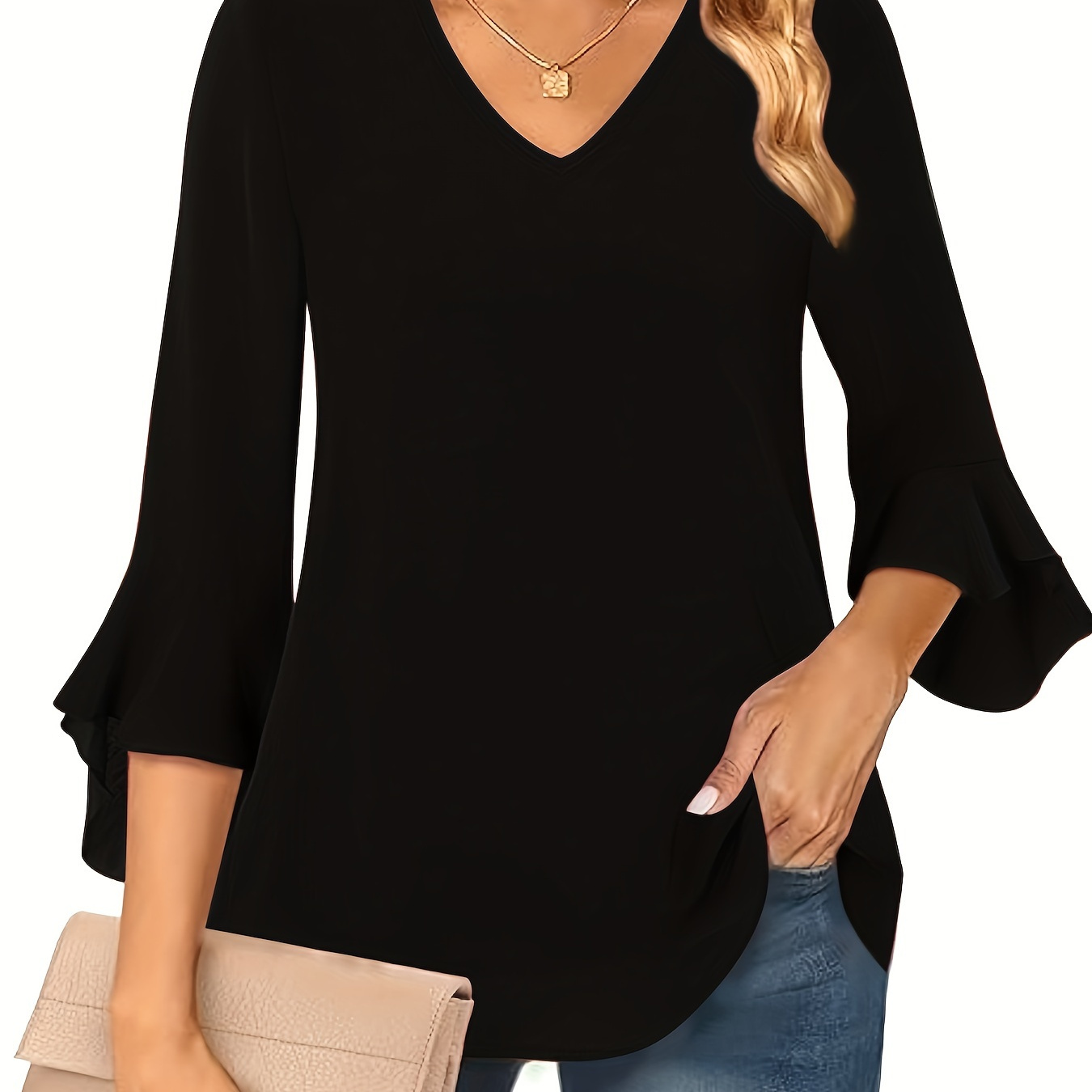 

Elegant Women's Chiffon Blouse With V-neck And Ruffle Bell Sleeves - Breathable, Semi-sheer For Spring/summer/fall