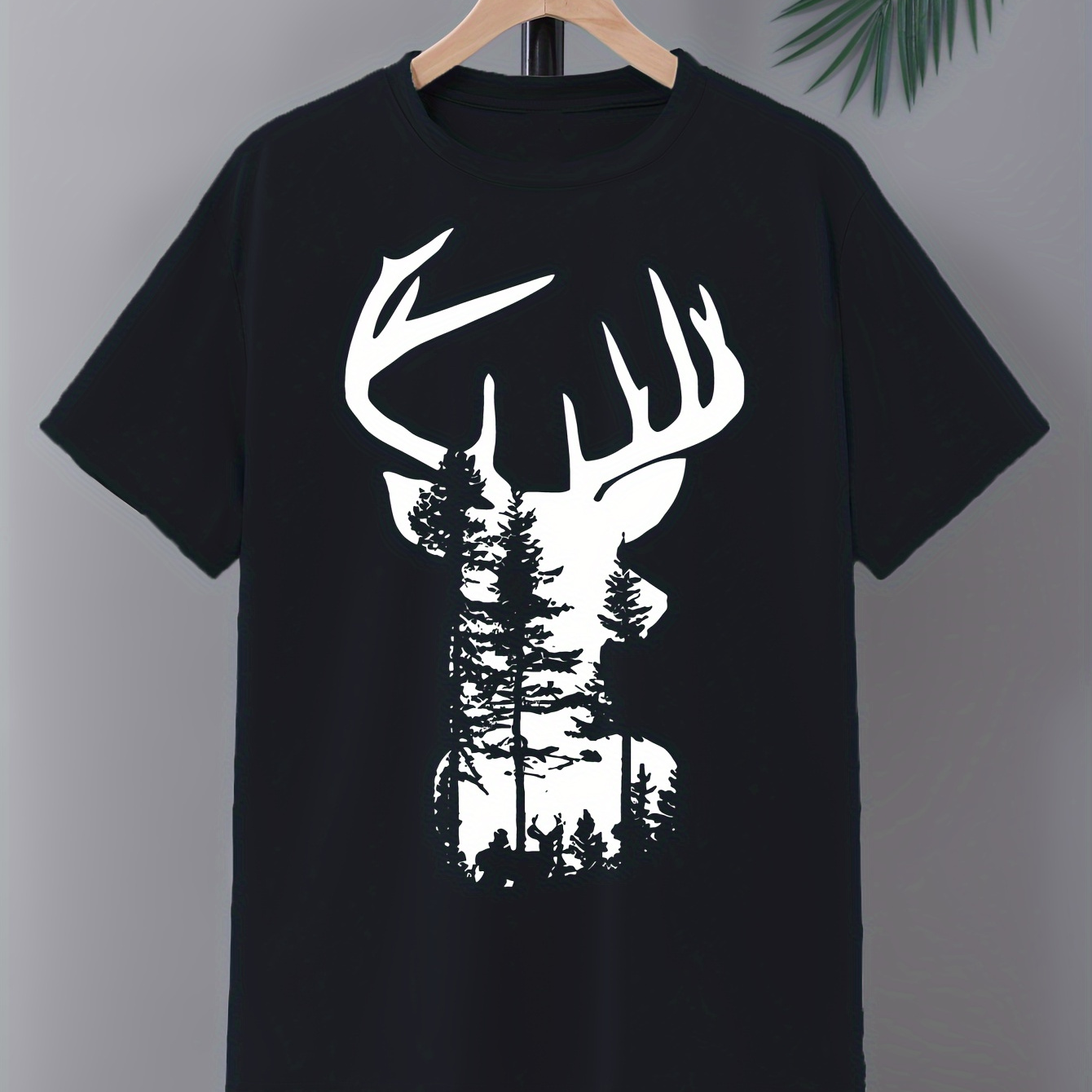 

Deer Print, Men's Round Crew Neck Short Sleeve, Simple Style Tee Fashion Regular Fit T-shirt, Casual Comfy Breathable Top For Spring Summer Holiday Leisure Vacation Men's Clothing As Gift