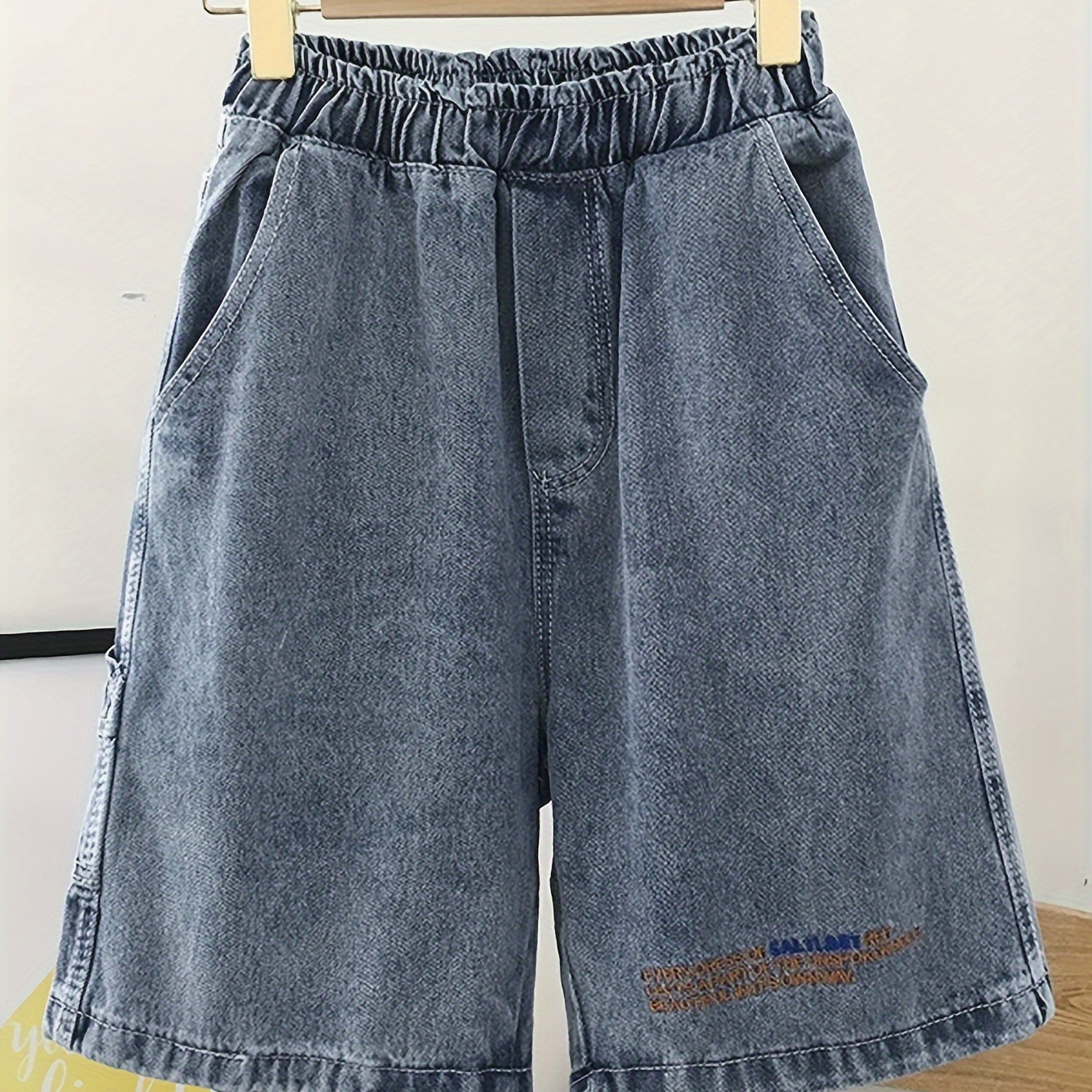 

Women's Plus Size Bermuda High Waisted Denim Shorts For Summer With Pockets, Elastic Waist Loose Wide-leg Jean Shorts For Women, Casual Blue Color Comfy Denim Bottoms, Women's Clothing