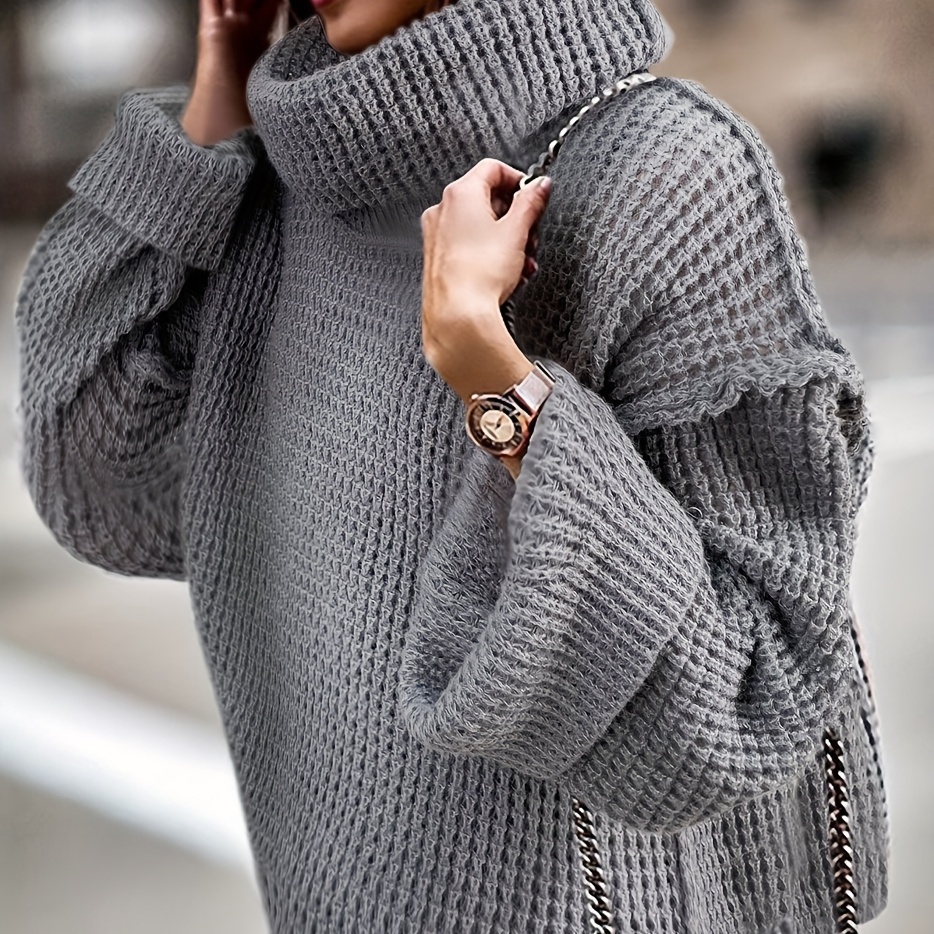 

High Neck Long Sleeve Sweater, Solid Casual Sweater For Winter & Fall, Women's Clothing