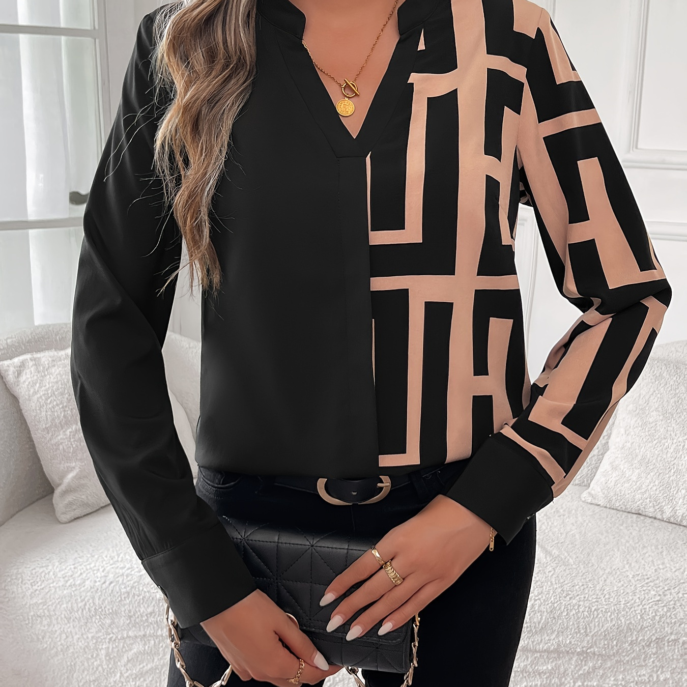 

Elegant Geometric Pattern V-neck Long Sleeve Shirt For Women - Polyester Woven Blouse Top For Spring/fall Season