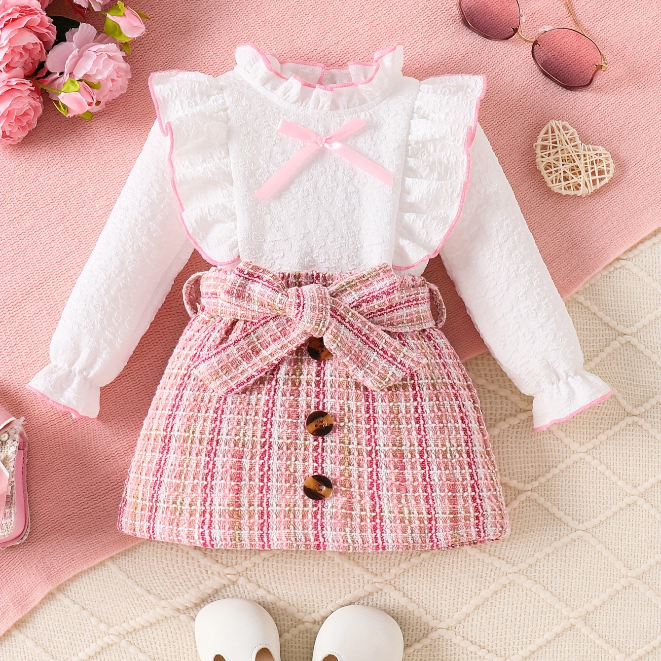 

Adorable ' 3pcs Outfit Set: Ruffle- Top, Skirt & - Washable For Fall/, For