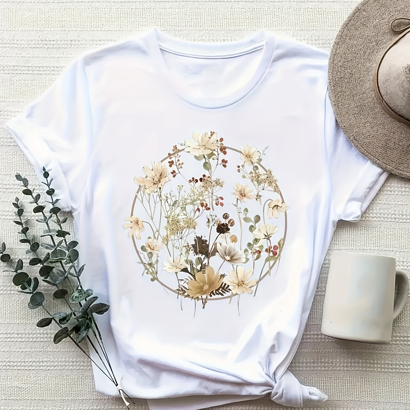 

Floral Print T-shirt, Short Sleeve Crew Neck T-shirt For , Women's Clothing