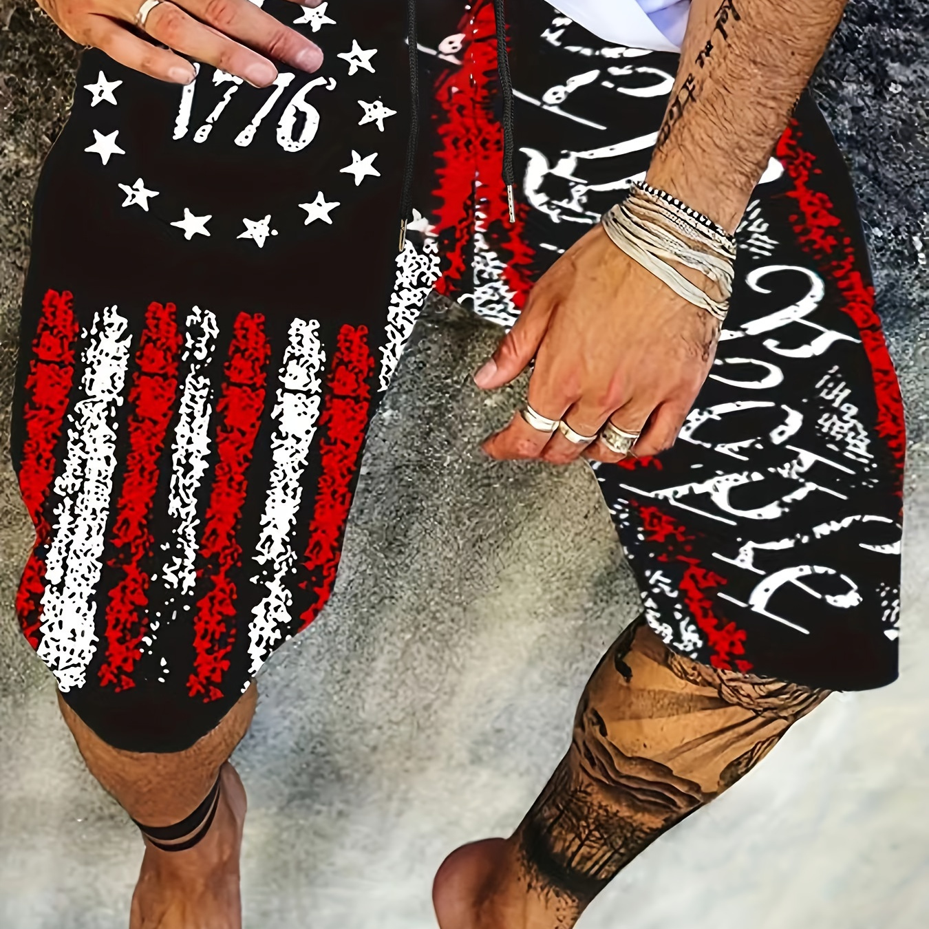 

Men's American Flag Pattern And Letter Print "we The People" Shorts With Drawstring And Pockets, Stylish And Trendy Shorts Suitable For Summer Street And Beach Wear