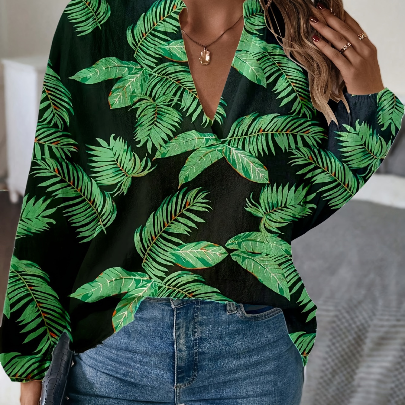 Leaf Print Collar Blouse Casual Long Sleeve Blouse For - Temu