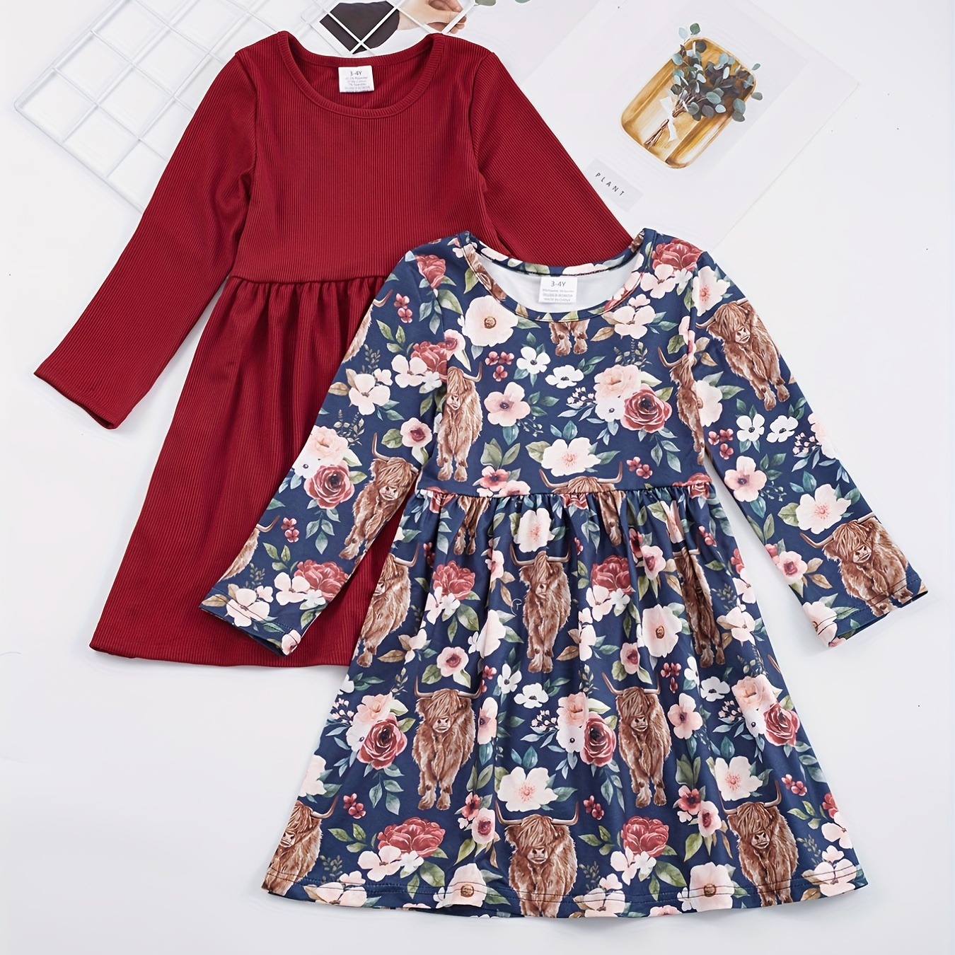 

2pcs Toddler Girls' Western Style Solid Ribbed Dresses Set Plain Color Floral Cow Print Comfy Long Sleeve A-line Dress Outfit
